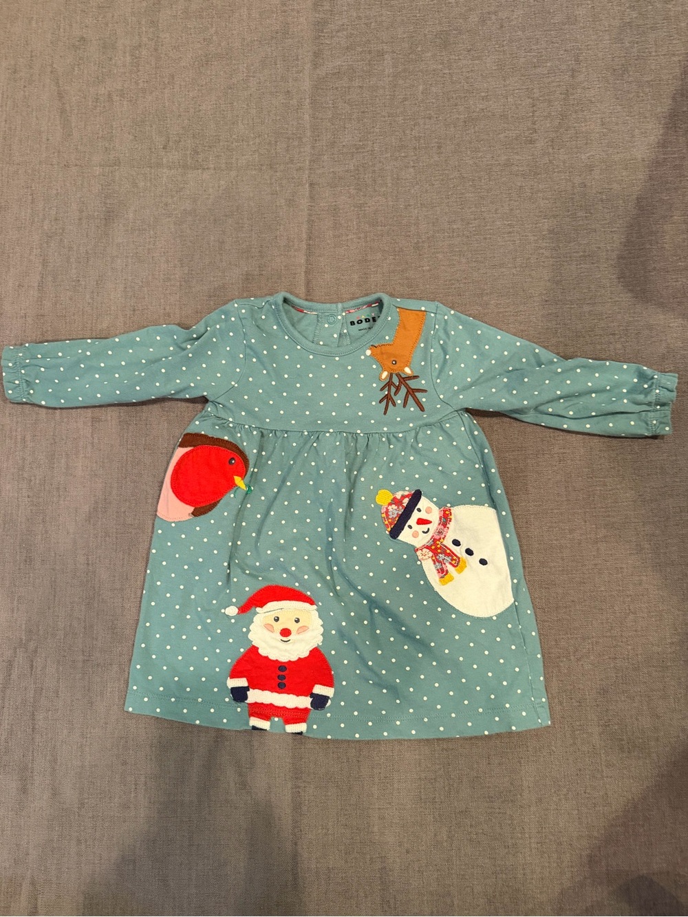 Boden Teal Polka Dot holiday Baby Top with Appliqué 9-12 months